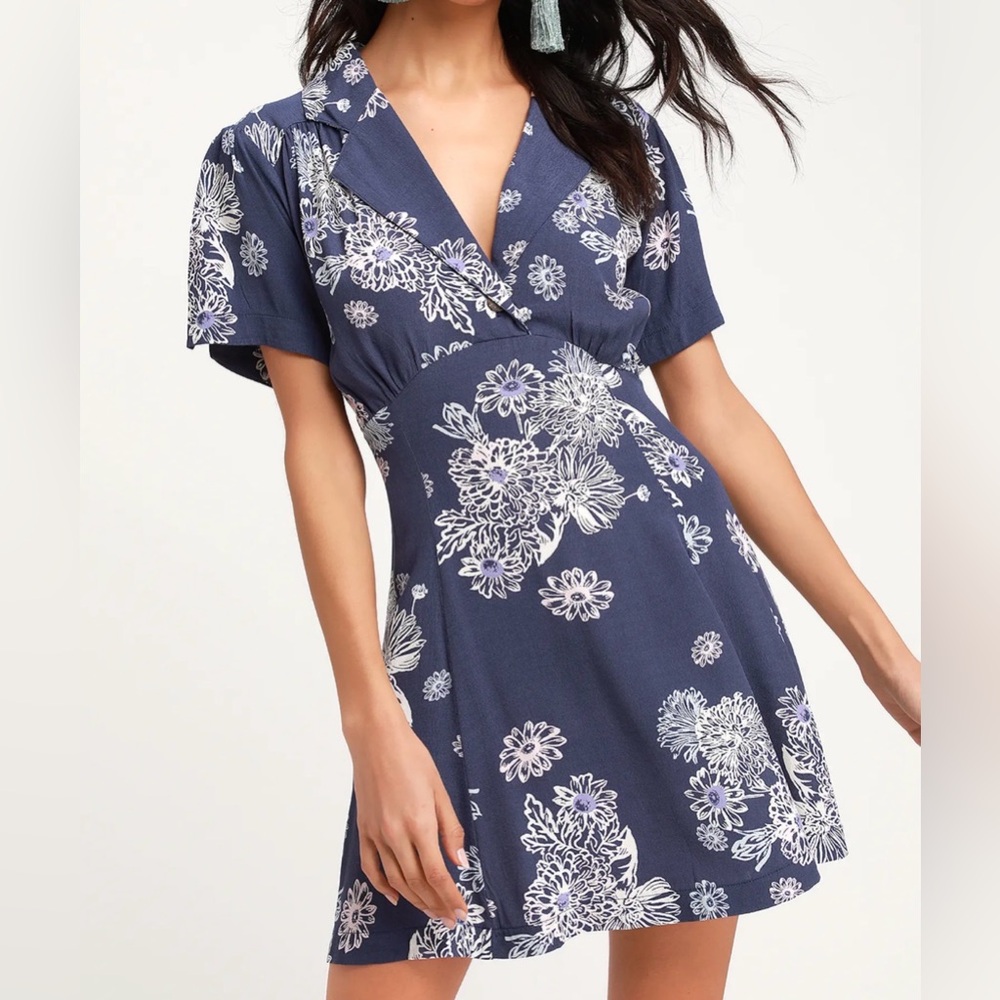 Free People Blue Hawaii Washed Blue Floral Print Short Sleeve Mini Dress